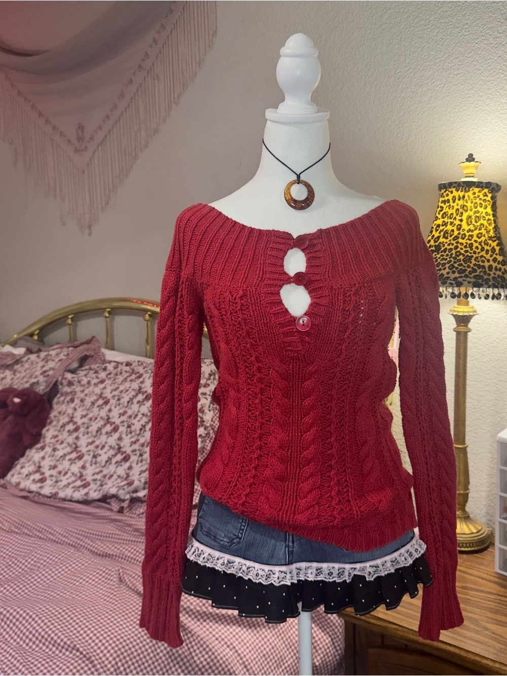 Y2K Cozy Red Cable-Knit Off-Shoulder Sweater
